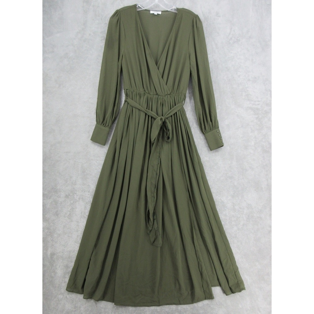 Baltic Born Dress Women XS Maxi Chiffon Belted Olive Green Evening Event Party